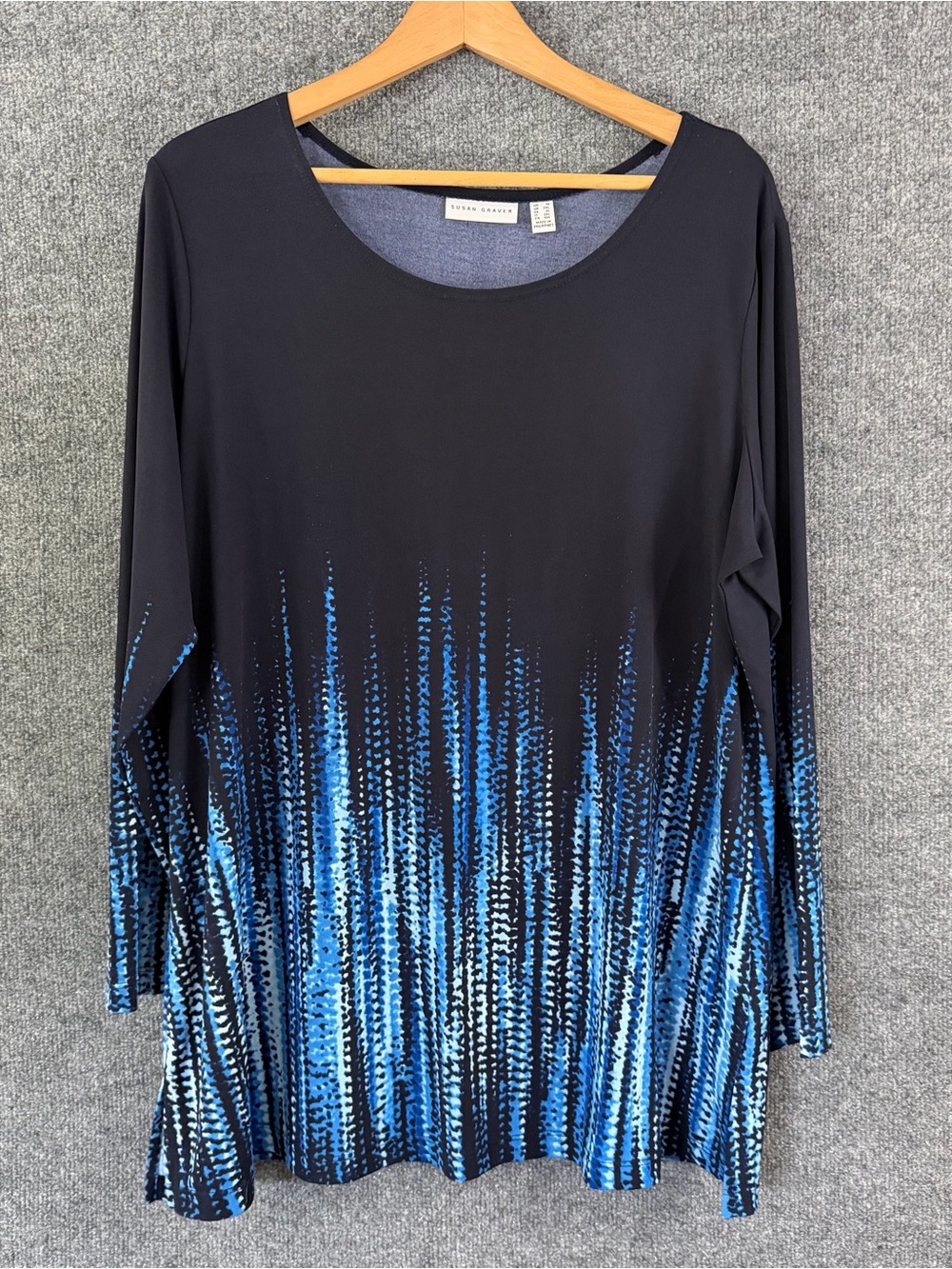 Susan Graver Liquid Knit Top Womens 1X Black Blue Ombre Print Long Sleeve